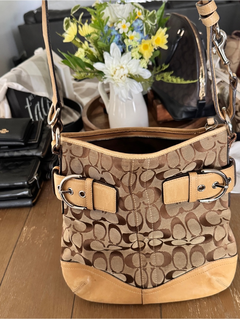 Coach Brown Signature Canvas Shoulder Bag with Tan Leather Trim